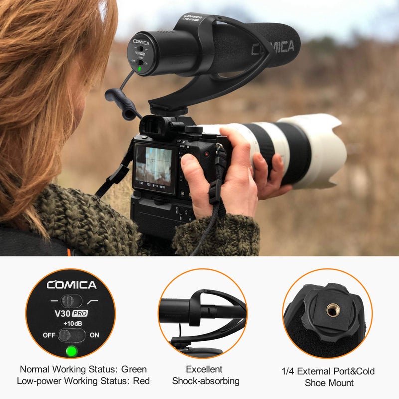 COMICA CVM-V30PRO Professional Super Cardioid Shotgun Microphone with Wind Muff, Camera Microphone for Canon Nikon Sony DSLR Cameras, Camcorders, iPhone Smartphones, etc - Image 2
